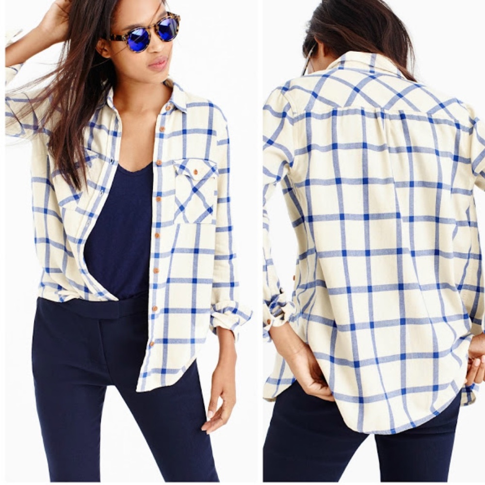 J.Crew Women’s Size 4 Cream Plaid Button-Down Flannel Shirt 100% Cotton